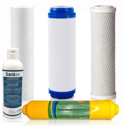 Pack 4 Filtres à Eau pour Osmose Inverse Universelle 5 étages Post-filtre reminéralisant. Comprend un désinfectant SANITEK