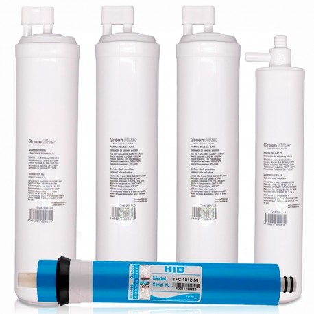 Kit de 4 filtres de rechange pour osmose inverse, marque Green Filter, type CS, avec post-filtre CS et membrane RO
