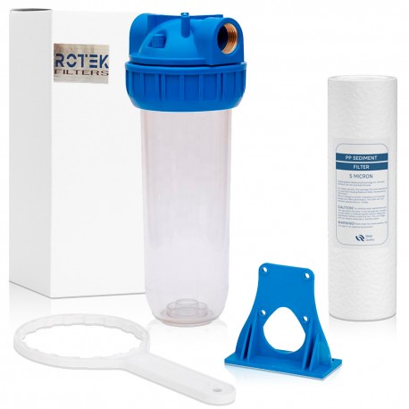 Filtre à Eau Portacartouche 10" avec Connexion 1" – Kit Complet avec Support, Clé et Cartouche à 5 Microns